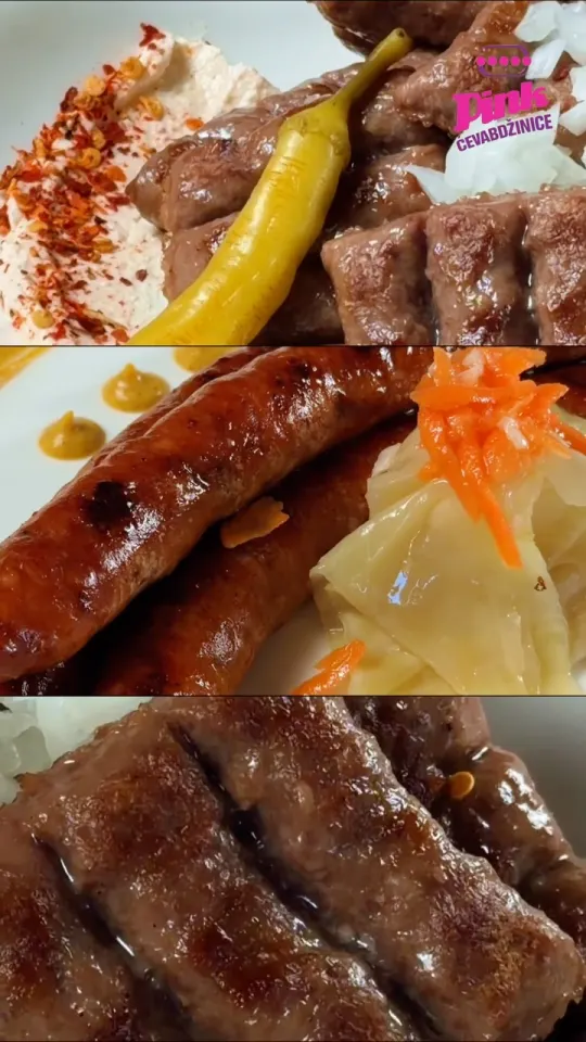 Pink ćevapi, roštiljska kobasica i burger na tanjiru