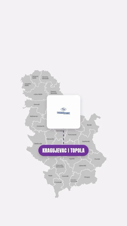 Mapa Srbije sa označenim prodavnicama Trnava Promet u Kragujevcu i Topoli