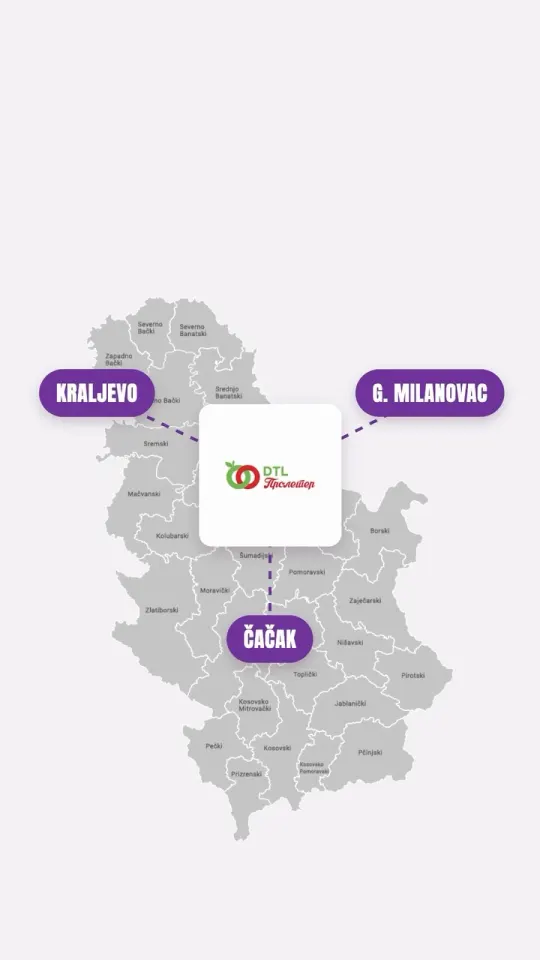 Mapa Srbije sa prodavnicama Moj Proleter u Gornjem Milanovcu, Čačku i Kraljevu